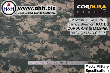 ACUPAT Universal 3 Camo Pattern on 1000 Denier CORDURA&reg; Nylon Fabric, Mil-Spec MIL-C-43734D Class 2 and 3