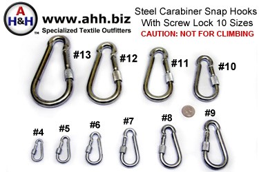 Steel Carabiner Hooks, with Screw Lock, Nickel Plated in 10 sizes