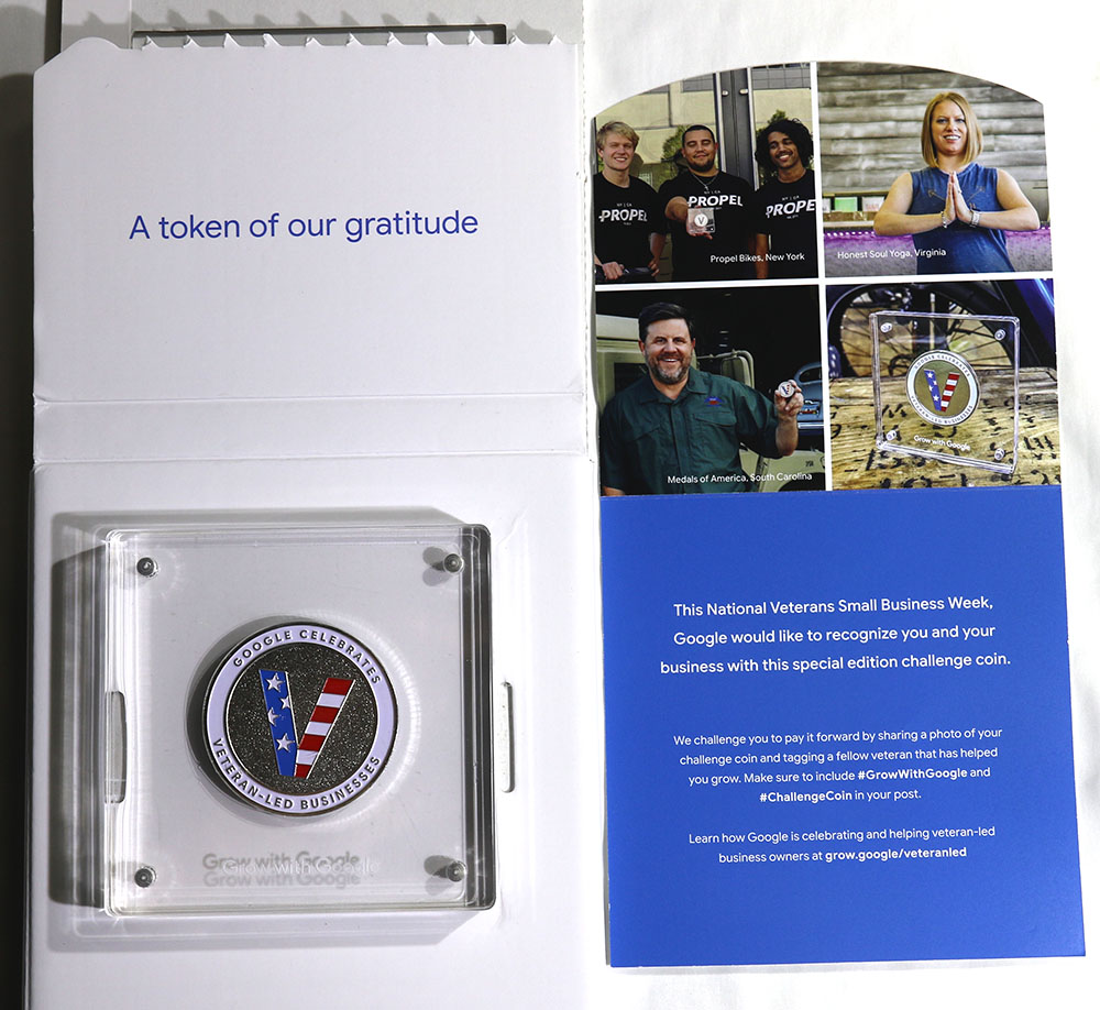 Google is celebrating and helping veteran-led businesses by sending them a trinket; a Military Style Challenge Coin with the Google Logo on the back Google is celebrating and helping veteran-led businesses by sending them a trinket; a Military Style Challenge Coin with the Google Logo on the back